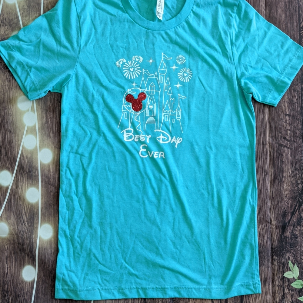 Disney Castle Shirt | Best Day Ever, Mickey Balloon, Fireworks, Size Small